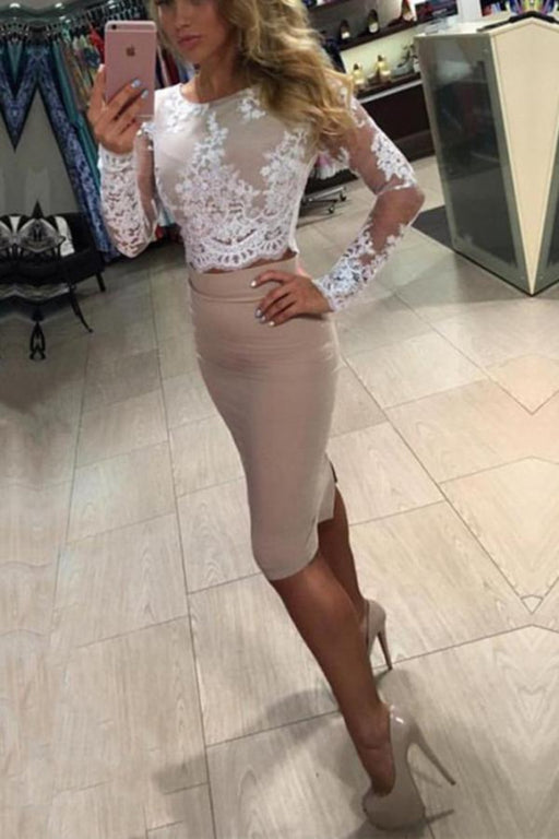 Marvelous Precious Two Piece Long Sleeves Lace Knee Length Homecoming Sheath Prom Dress - Prom Dresses
