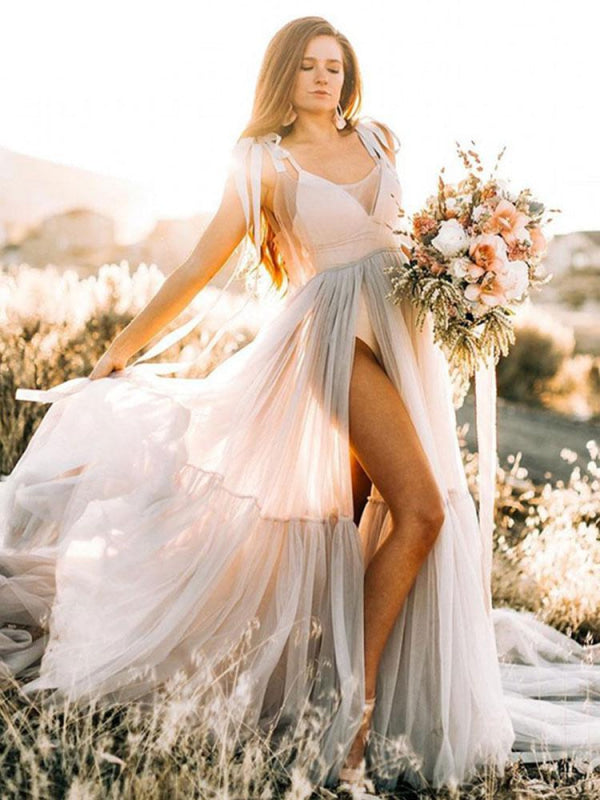 Maternity Wedding Dress Light Grey V-Neck Sleeveless Tulle Long Bridge Bridelily Maternity Wedding Dress Light Grey V-Neck Sleeveless Tulle Long Bridge Bridelily