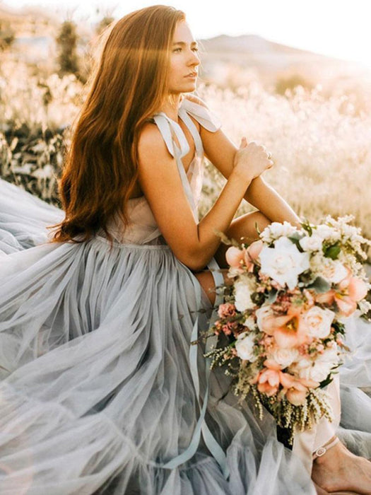 Maternity Wedding Dress Light Grey V-Neck Sleeveless Tulle Long Bridge Bridelily Maternity Wedding Dress Light Grey V-Neck Sleeveless Tulle Long Bridge Bridelily