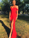 Maxi Off Shoulder Mermaid Long Red Prom Dresses with High Slit, Off Shoulder Red Formal Dresses, Mermaid Red Evening Dresses
