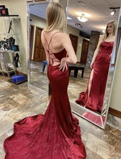 Burgundy Crew Neck Mermaid Long Appliques Lace Satin Prom Dress main image 1