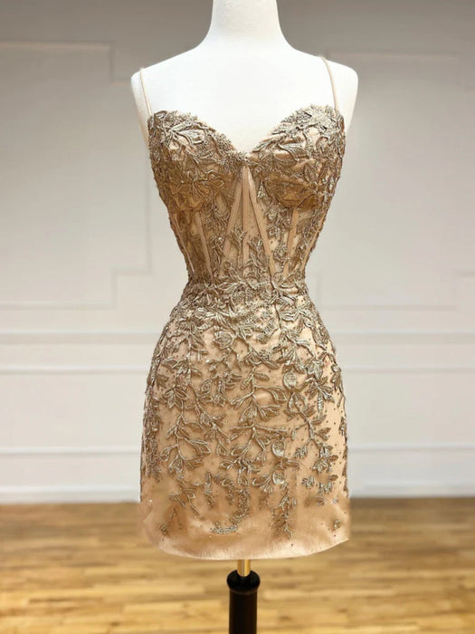 Mermaid Backless Champagne Lace Prom Dresses, Short Champagne Homecomi Bridelily Mermaid Backless Champagne Lace Prom Dresses, Short Champagne Homecomi Bridelily