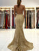 Mermaid Backless Golden Lace Long Prom Dresses, Mermaid Gold Formal Dresses, Golden Lace Evening Dresses