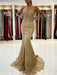 Mermaid Backless Golden Lace Long Prom Dresses, Mermaid Gold Formal Dresses, Golden Lace Evening Dresses