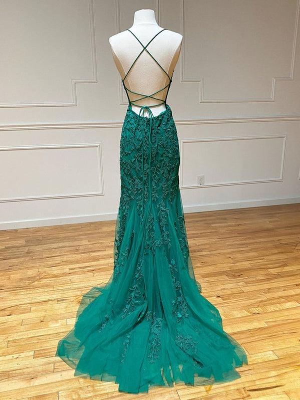 Hunter Green Floral Bead Lace-Up Back Mermaid Long Formal Dress main image 0