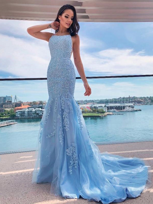 Mermaid Backless Light Blue Lace Long Prom Dresses, Mermaid Blue Forma