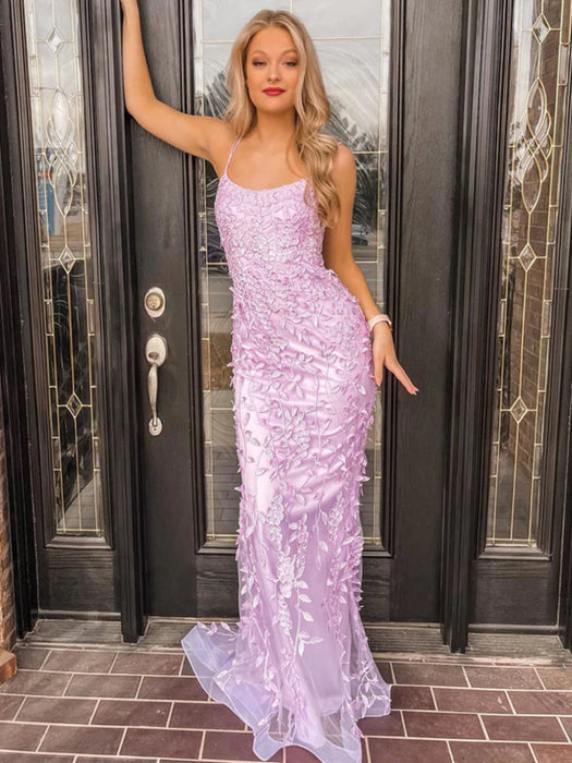 Mermaid Backless Lilac Lace Appliqued Long Prom Dresses, Purple Lace F Bridelily Mermaid Backless Lilac Lace Appliqued Long Prom Dresses, Purple Lace F Bridelily