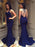 Mermaid Backless Navy Blue Long Prom Dresses, Navy Blue Long Formal Evening Dresses