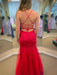Mermaid Backless Red Lace Long Prom Dresses, Mermaid Red Formal Dresses, Red Lace Evening Dresses 