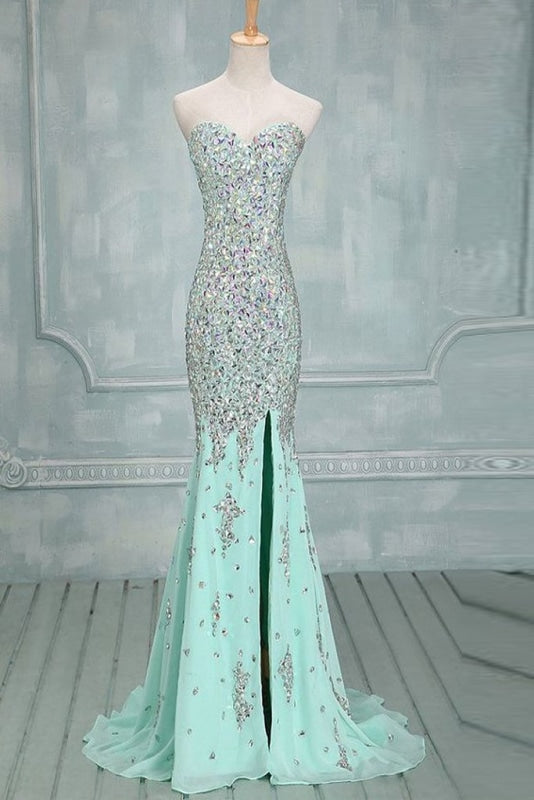 Mermaid Beaded Mint Front Split Long Prom Dress Evening Dresses - Prom Dresses