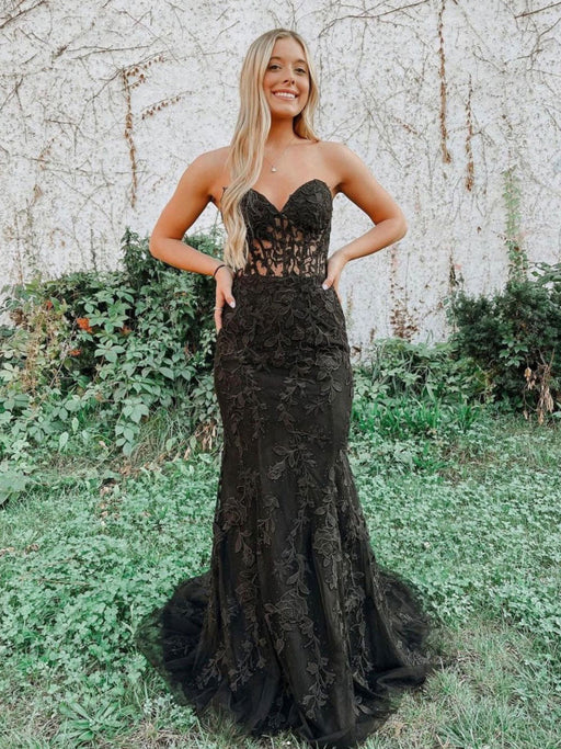 Mermaid Black Lace Long Prom Dresses, Strapless Black Lace Formal Dres Bridelily Mermaid Black Lace Long Prom Dresses, Strapless Black Lace Formal Dres Bridelily