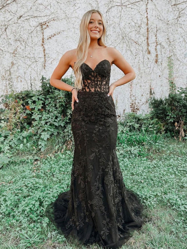 Mermaid Black Lace Long Prom Dresses, Strapless Black Lace Formal Dres