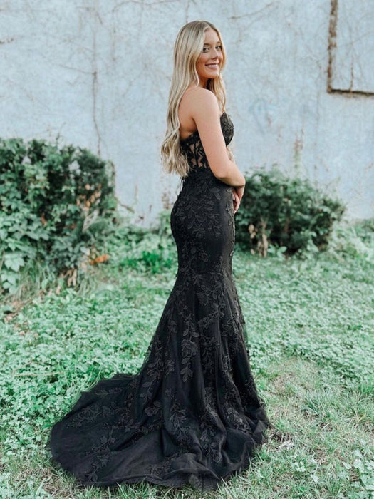 Mermaid Black Lace Long Prom Dresses, Strapless Black Lace Formal Dres