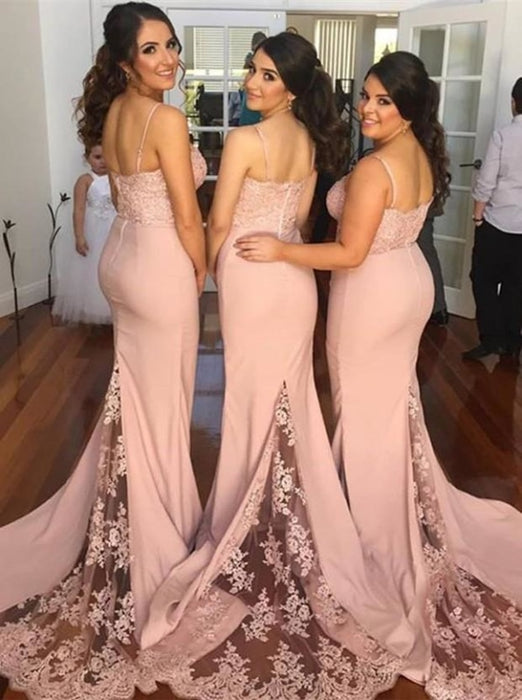 Mermaid Bridesmaid Dress - Chapel Train Pink Spaghetti Straps Bodycon Lace - Bridesmaid Dresses