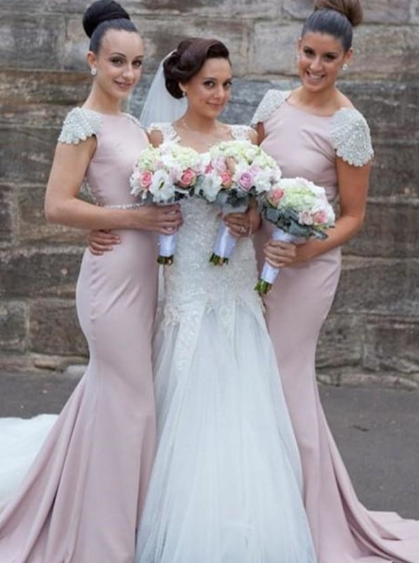 Mermaid Bridesmaid Dress - Pink Bateau Sweep Train Cap Sleeves - Bridesmaid Dresses