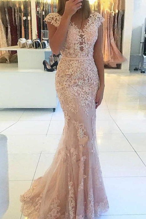 Mermaid Cap Sleeves Tulle Prom with Lace Appliques Long V Neck Evening Dress - Prom Dresses