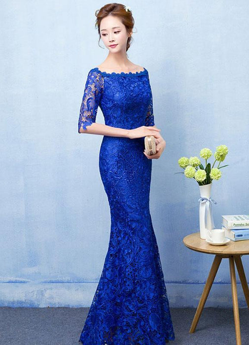 Mermaid Evening Dress Royal Blue Lace Prom Dress Off The Shoulder Half Sleeve fishtail Maxi Party Dress wedding guest dress Bridelily Mermaid Evening Dress Royal Blue Lace Prom Dress Off The Shoulder Half Sleeve fishtail Maxi Party Dress wedding guest dress Bridelily