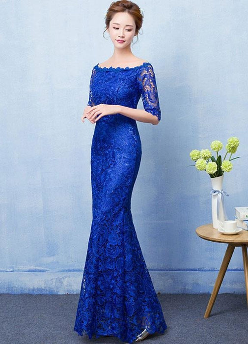 Mermaid Evening Dress Royal Blue Lace Prom Dress Off The Shoulder Half ...