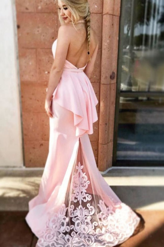 Mermaid Halter Pink Formal Dress with Lace Sexy Long Backless Satin Prom Dresses - Prom Dresses