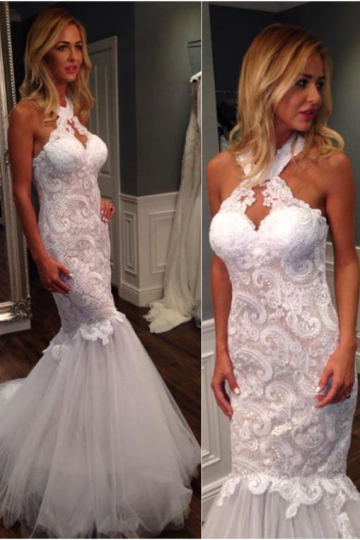 Mermaid Halter Sleeveless Tulle with Lace Appliques Long Wedding Dress - Wedding Dresses