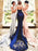 Mermaid High Neck Court Train Navy Blue Stretch Satin Bridesmaid Dress - Bridesmaid Dresses