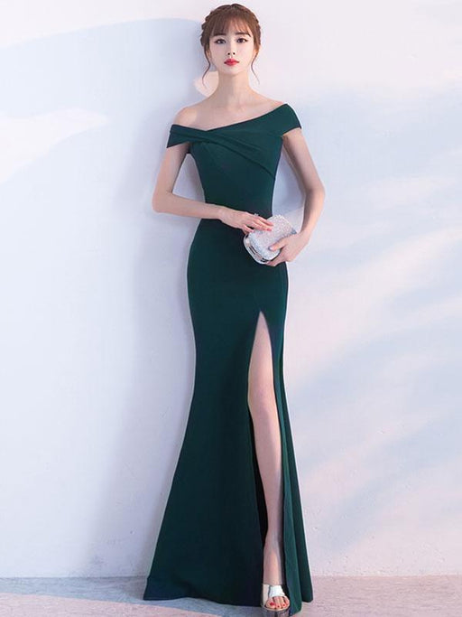 Mermaid Homecoming Dress Oblique Short Sleeve Long Evening Dresses Dark Green Split Occasion Dresses With Train