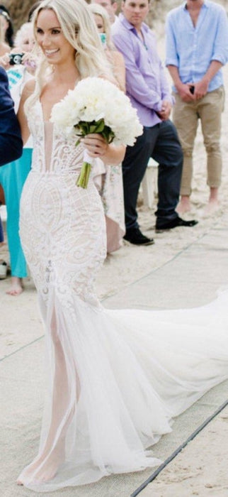 Mermaid Lace Deep V-neck Tulle Beach Wedding Dress - Wedding Dresses