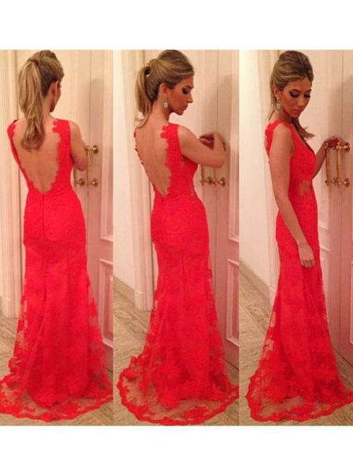 Mermaid Lace V-Neck Sleeveless Floor-Length With Applique Dresses - Prom Dresses