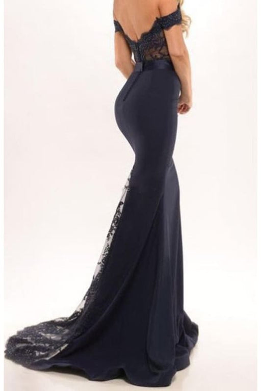 Mermaid Long Dress lace Black Off the Shoulder with Sash Prom Gowns - Prom Dresses