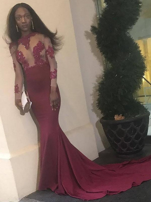 Mermaid Long Sleeves Bateau Satin With Lace Sweep/Brush Train Dresses - Prom Dresses
