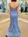 Mermaid Off Shoulder Beaded Blue Lace Long Prom Dresses, Mermaid Blue Formal Dresses, Blue Lace Evening Dresses 