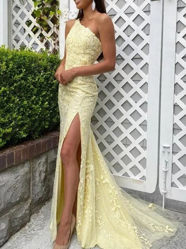 Mermaid One Shoulder Yellow Lace Long Prom Dresses with High Slit, Mer   Bridelily