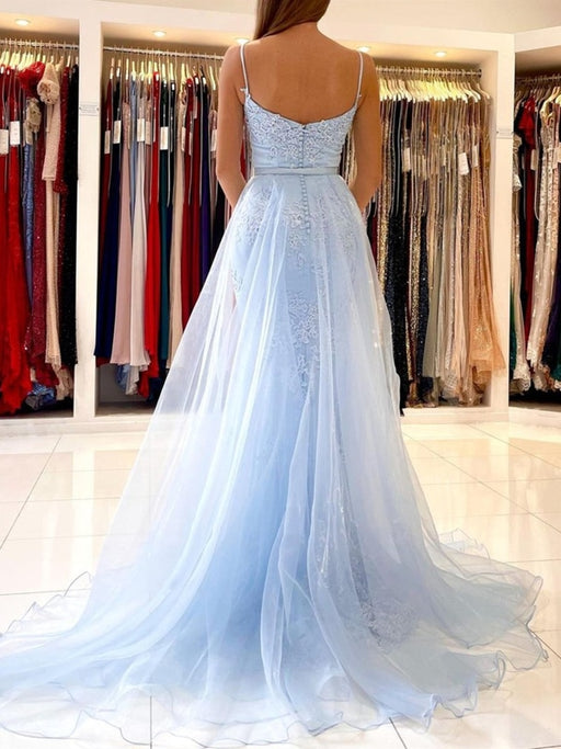 Mermaid Open Back Light Blue Lace Long Prom Wedding Dresses, Mermaid Blue Formal Dresses, Blue Lace Evening Dresses EP2064