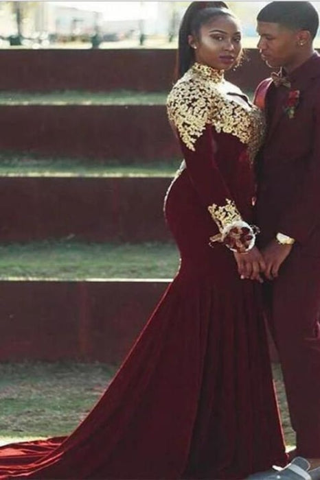 Mermaid Plus Size High Neck Prom with Gold Appliques Burgundy Long Sleeve Dress - Prom Dresses