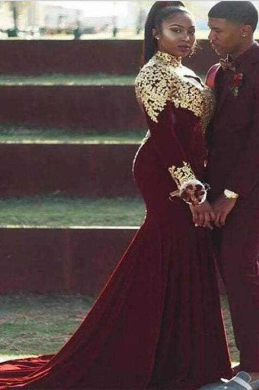 Mermaid Plus Size High Neck with Gold Appliques Burgundy Long Sleeve Dress - Prom Dresses