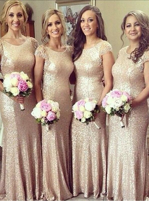 Mermaid Scoop Floor-Length Cap Sleeves Gold Sequined Bridesmaid Dress - Bridesmaid Dresses