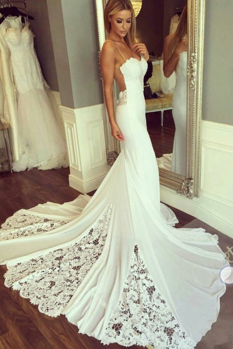 Mermaid Sexy Sheer Neck with Lace Unique Ivory Wedding Dress - Wedding Dresses