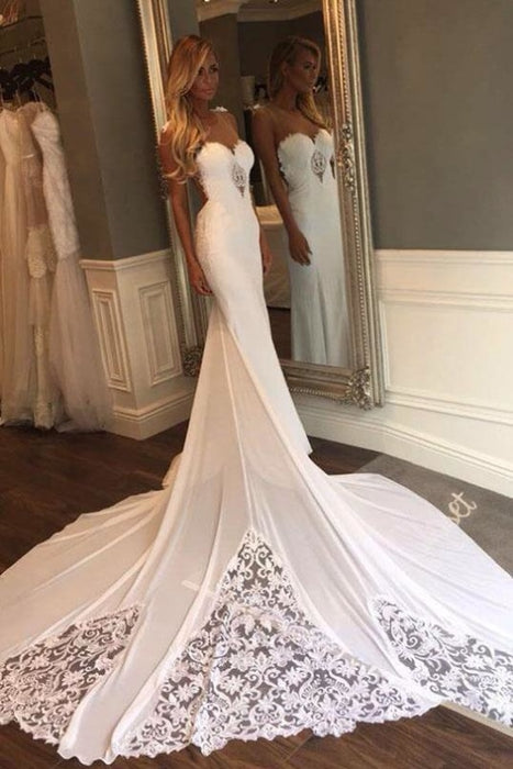 Mermaid Sexy Sheer Neck with Lace Unique Ivory Wedding Dress - Wedding Dresses