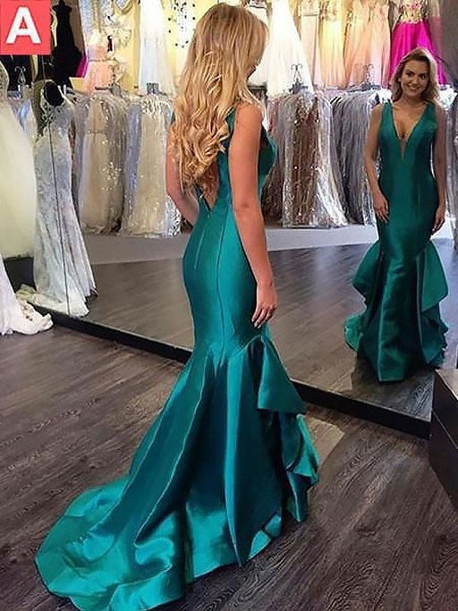 Mermaid Sleeveless V-Neck Satin With Layers Sweep/Brush Train Dresses - Prom Dresses