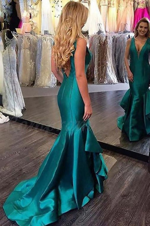 Mermaid Sleeveless V-Neck Satin With Layers Sweep/Brush Train Dresses - Prom Dresses