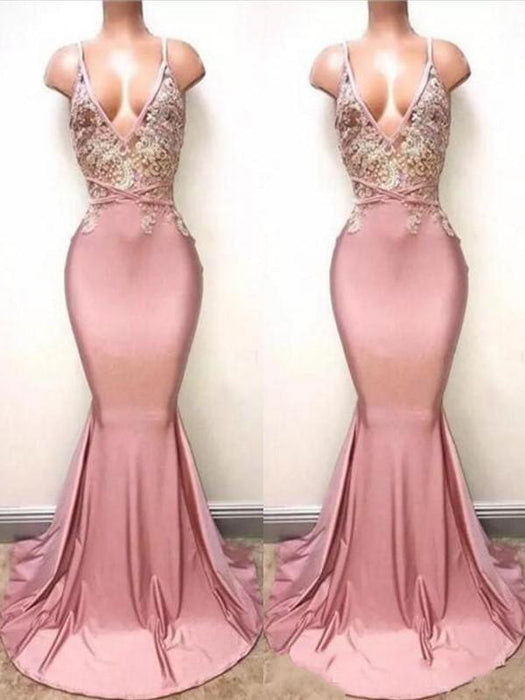 Mermaid Sleeveless V-Neck Sweep/Brush Train Lace Satin Dresses - Prom Dresses