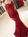 Mermaid tti Straps Backless Lace Burgundy Prom Dresses, Burgundy Mermaid Formal Dresses, Evening Dresses