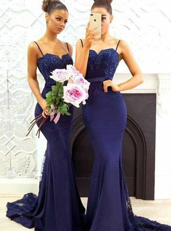 Mermaid Spaghetti Straps Navy Blue Satin Bridesmaid Dress - Bridesmaid Dresses