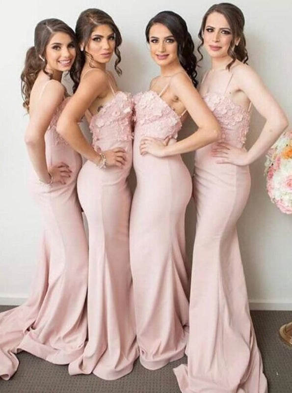 Mermaid Spaghetti Straps Pink Stretch Satin Bridesmaid Dress - Bridesmaid Dresses