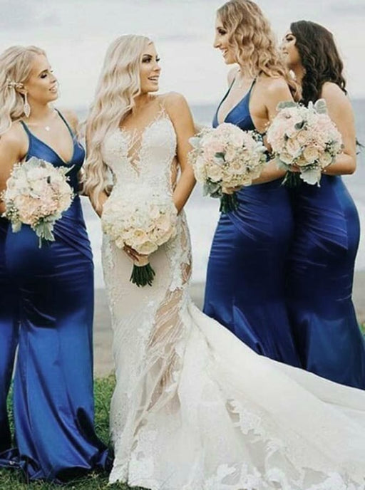Mermaid Spaghetti Straps Sweep Train Blue Satin Bridesmaid Dress - Bridesmaid Dresses