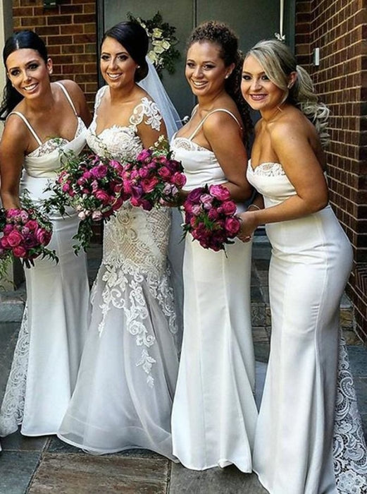Mermaid Spaghetti Straps Sweep Train White Bridesmaid Dress - Bridesmaid Dresses
