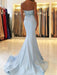 Mermaid Strapless Backless Beaded Light Blue Long Prom Dresses, Light Blue Mermaid Formal Dresses, Evening Dresses
