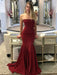 Mermaid Strapless Sweep Train Burgundy Elastic Satin Long Prom Dresses, Burgundy Mermaid Formal Dresses, Burgundy Evening Dresses