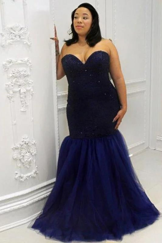 Mermaid Sweetheart Sequin Floor-Length Tulle Plus Size Prom Dresses - Prom Dresses