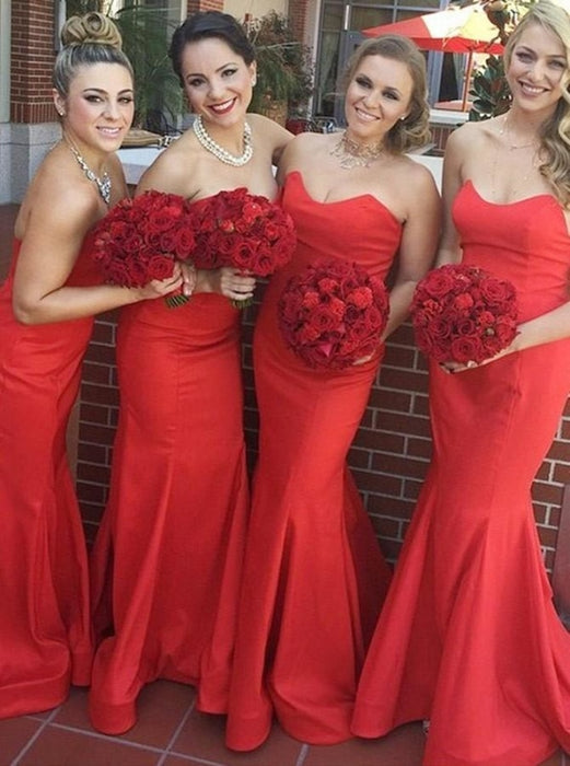 Mermaid Sweetheart Sweep Train Red Satin Bridesmaid Dress - Bridesmaid Dresses